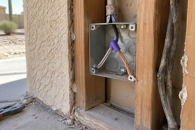 Aluminum pigtail wire connector joining silver aluminum and copper wires in a Phoenix, AZ wall cavity.