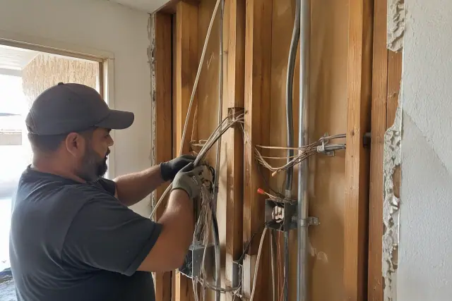 Aluminum wiring replacement and copper wire splices in an open wall cavity during a whole house rewiring in Goodyear, AZ.