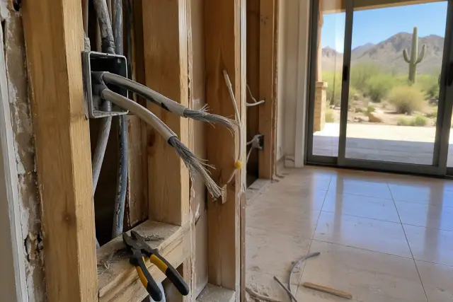 Contractor removing old aluminum wiring from a wall cavity during a whole house rewiring in Scottsdale, AZ.