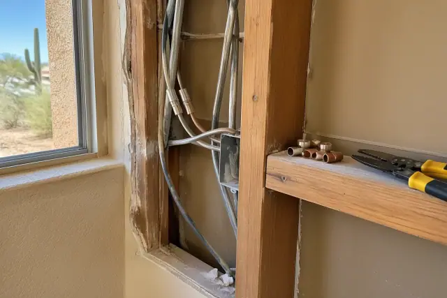 Contractor replacing old metal electrical wiring in an open wall cavity in Phoenix, AZ.