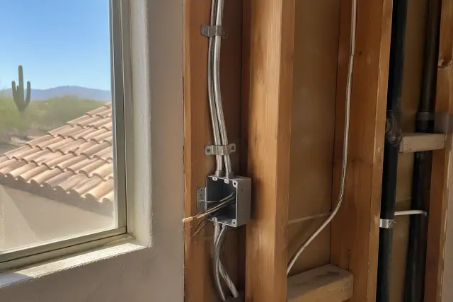 Contractor doing aluminum wiring replacement near wooden studs in a Phoenix, AZ home.
