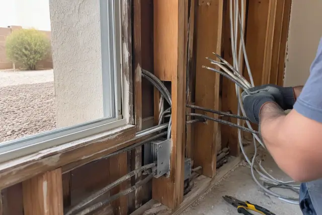 Technician replacing aluminum wiring in an exposed wall cavity during a whole house rewiring in Tempe, AZ.