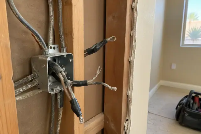 Aluminum wiring replacement and whole-house rewiring in progress at an open wall cavity in Chandler, AZ.