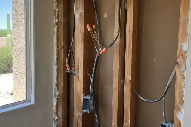Contractor photo of aluminum wiring replacement in a Phoenix, AZ wall cavity.