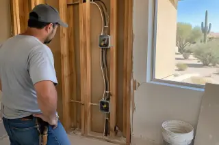Service professional observing finished splice connections and a stucco patching bucket in Phoenix, AZ.