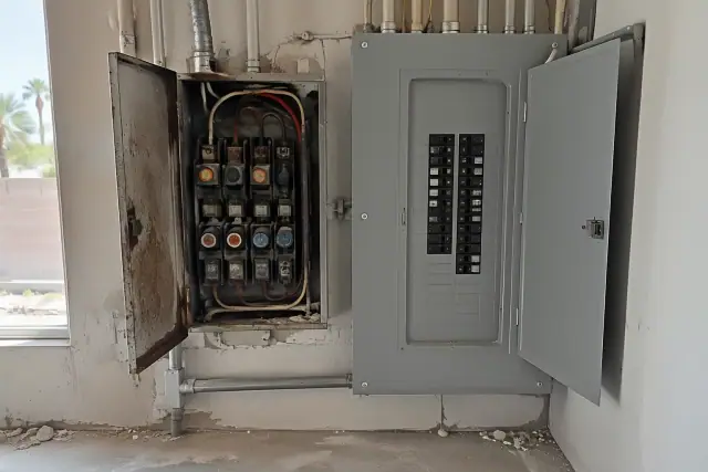Older fuse panel next to a modern breaker panel in Phoenix, AZ.