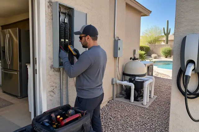 Electrical safety inspection of appliance, pool, and EV circuits by a technician in Phoenix, AZ.