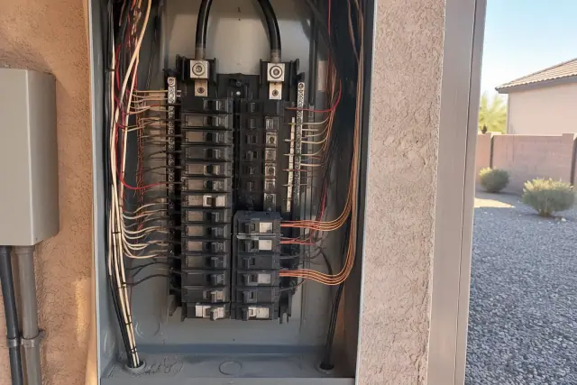 New copper wire connected to a circuit breaker in an open electrical panel during a whole house rewire in Goodyear, AZ.