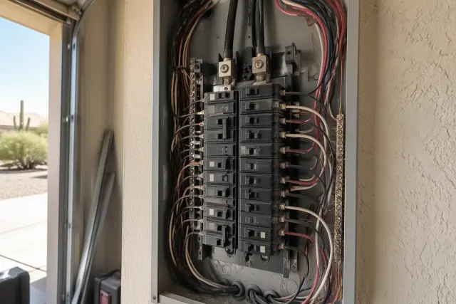 Open electrical service panel with old switches and colored wires during whole house rewiring in Surprise, AZ.