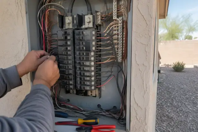 Open electrical service panel with old switches and colored wires during whole house rewiring in Avondale, AZ.
