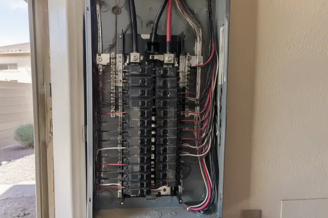 Open electrical service panel with new thermal magnetic breakers and copper wires in Gilbert, AZ.
