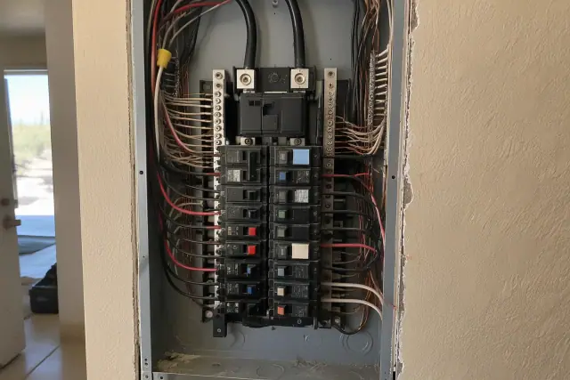 Open electrical service panel with old switches and wires during whole house rewiring in Scottsdale, AZ.
