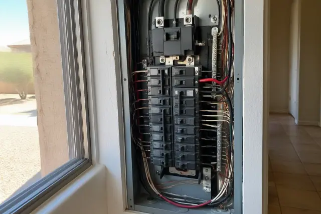 Electrical service panel with a new breaker switch and wiring in a Phoenix, AZ home.
