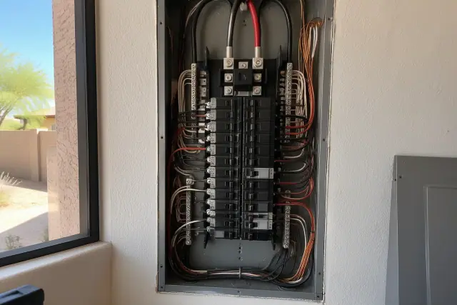 Open electrical service panel with new copper wiring and breakers during whole house rewiring in Tempe, AZ.