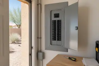 Idle screwdriver resting beside a completed circuit breaker replacement in Phoenix, AZ.