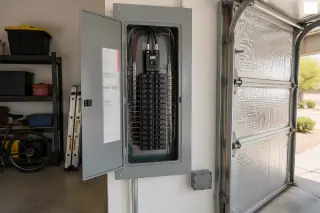 Open electrical service panel with a replacement breaker in a garage in Phoenix, AZ.