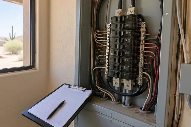 Circuit diagnostic report next to an electrical panel in Phoenix, AZ.