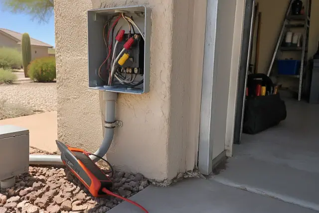 Diagnostic tracing tool resting near an open junction box with color-coded wiring at a residence in Phoenix, AZ.