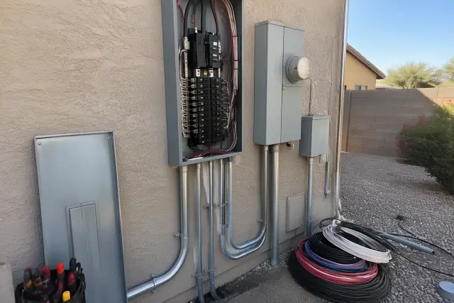 Electrical panel work and conduit installation on a stucco wall in Phoenix, AZ.