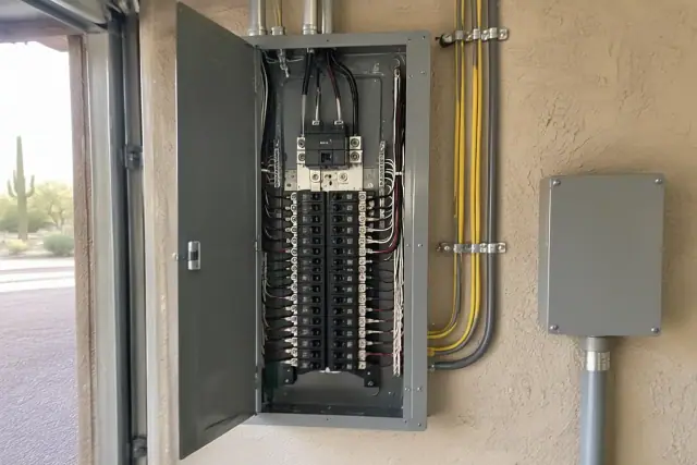 Coordinated electrical panel upgrade with newly routed cables on a stucco wall in Phoenix, AZ.