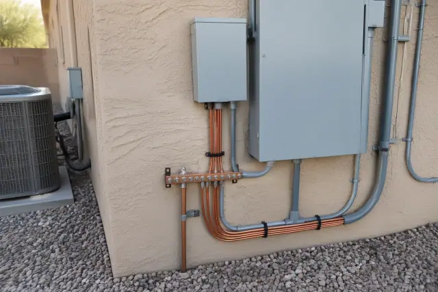 Whole-home surge protection equipment on a stucco wall in Phoenix, AZ, with copper bonding conductors.