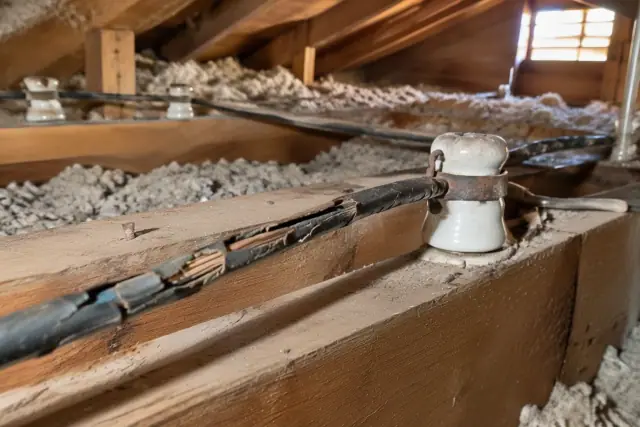 Cracked and decayed rubber insulation on old attic wiring in Phoenix, AZ.