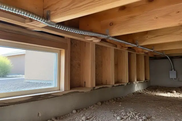 Heavy-duty armored cable secured to crawlspace framing during whole house rewiring in Surprise, AZ.