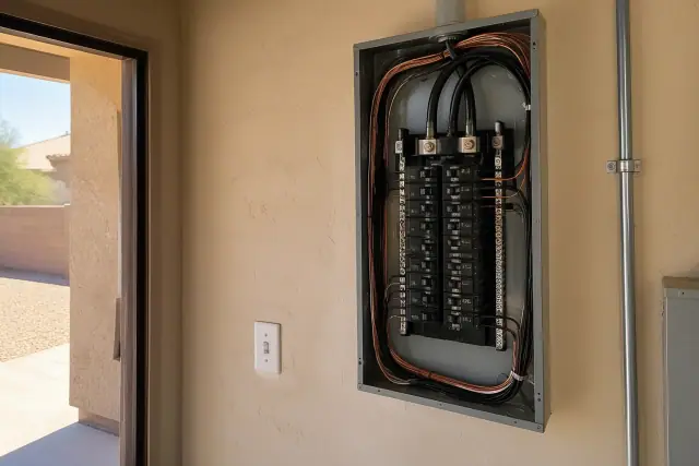 Electrical service panel installation with heavy copper wires in an Avondale, AZ home.