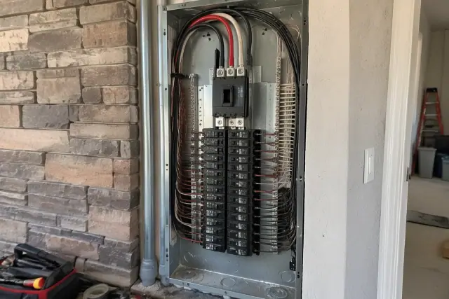 Electrical service panel during a dedicated circuit installation in Tempe, AZ.