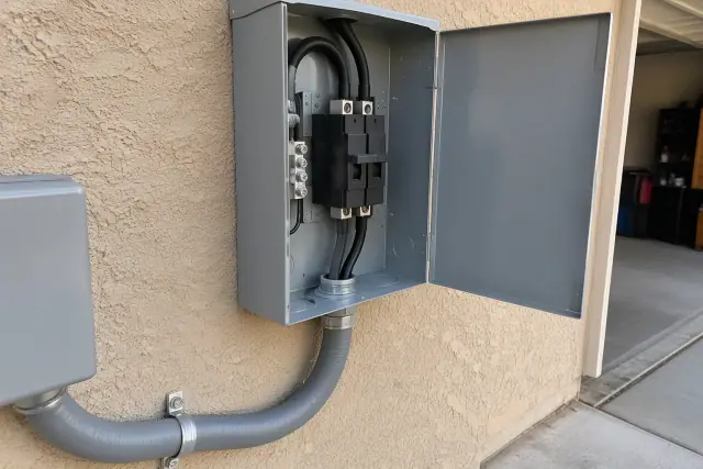 Electrical subpanel installation on a stucco garage wall in Phoenix, AZ.