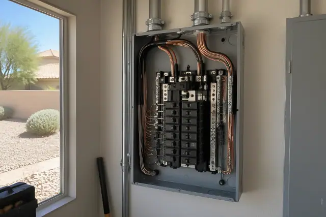 Electrical service panel with new copper wires on a drywall wall in a Glendale, AZ home.