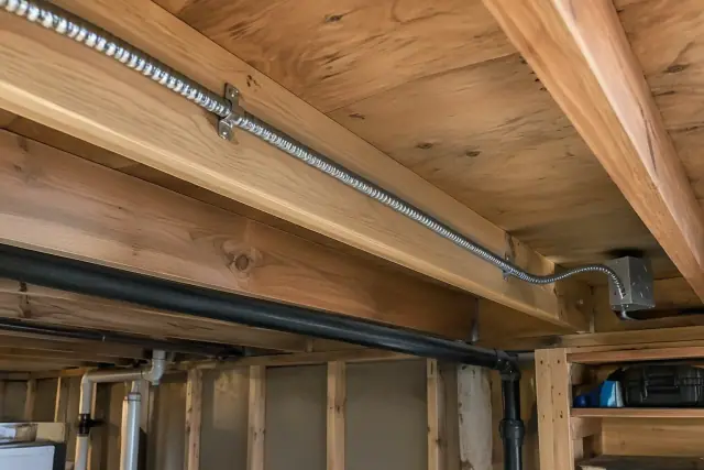 Heavy-duty armored electrical cable secured to wooden floor joists during a dedicated circuit installation in Phoenix, AZ.