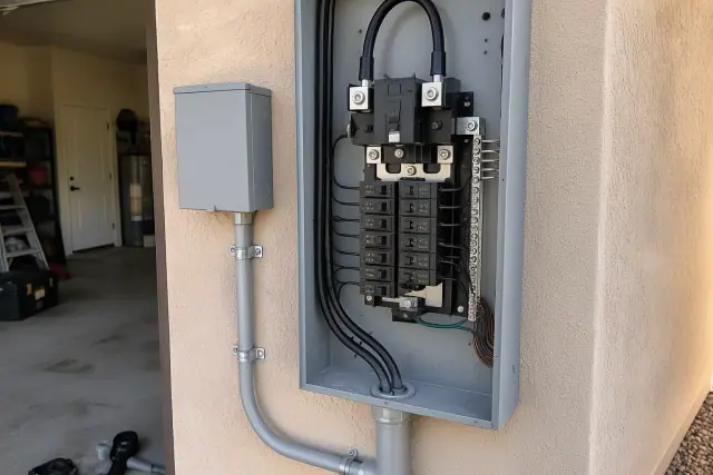 Dedicated circuit installation in a residential garage in Gilbert, AZ, showing an open electrical panel with heavy copper