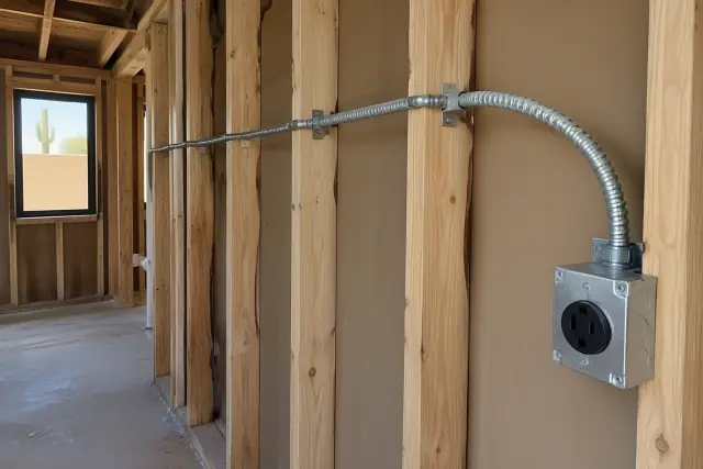 Heavy-duty armored metal conduit secured to wall studs during a dedicated circuit installation in Scottsdale, AZ.