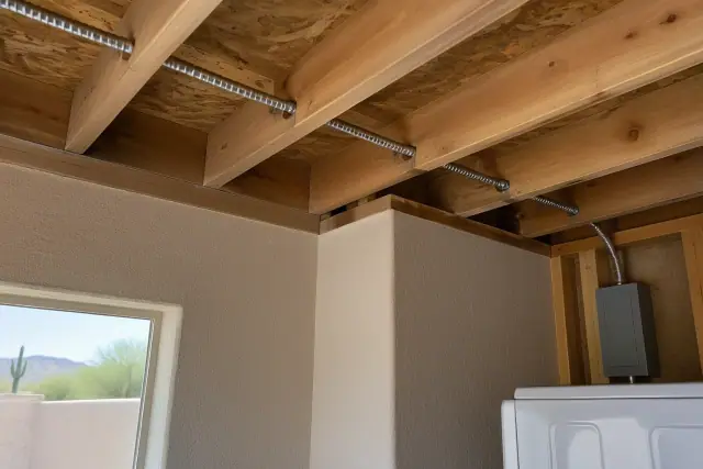 Heavy-duty armored electrical cable secured to framing during a dedicated circuit installation in Mesa, AZ.