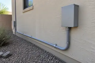 Finished electrical conduits and junction box on a stucco exterior wall in Phoenix, AZ.