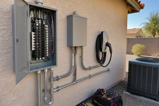 Electrical troubleshooting and device upgrades on a home in Phoenix, AZ, showing heavy-duty cabling.