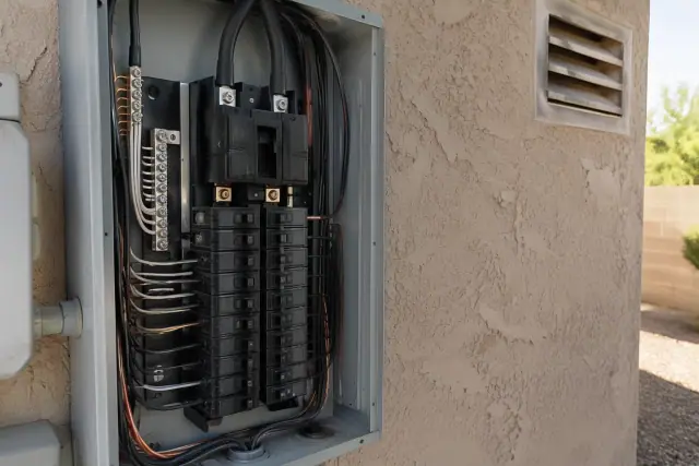 Double-pole breaker replacement with fresh copper wires in a Phoenix, AZ home electrical panel.