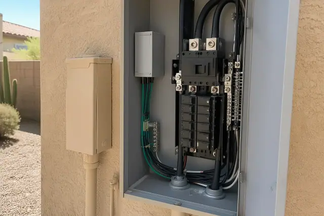 Dual-stage whole-home surge protection wired into a service box on a stucco wall in Phoenix, AZ.