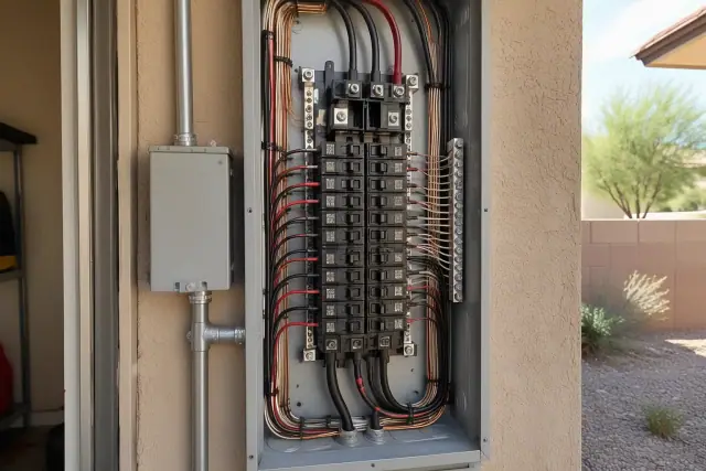 Electrical panel and breaker upgrades on a residential utility wall in Phoenix, AZ.