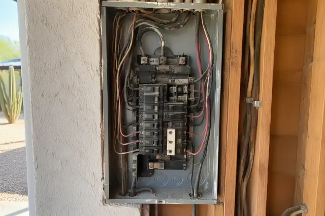 Open electrical service panel with old switches and wires during a home rewire in Phoenix, AZ.
