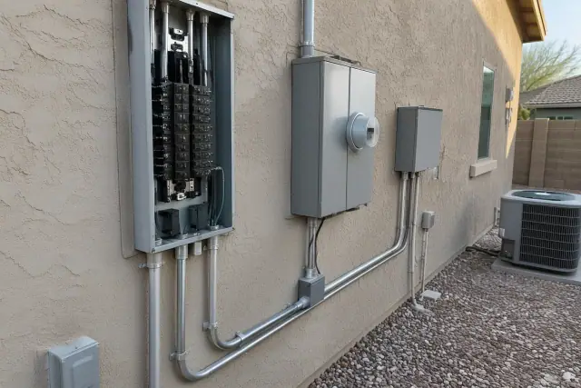 Electrical panel upgrade with a deactivated breaker box and conduit in Phoenix, AZ.