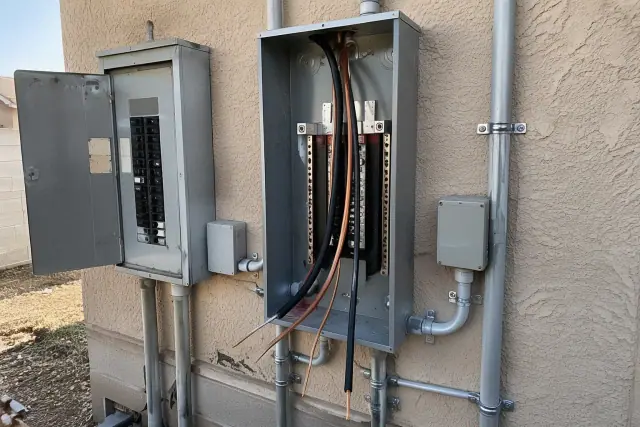 Electrical panel upgrade with stripped copper cables and new conduit in Chandler, AZ.