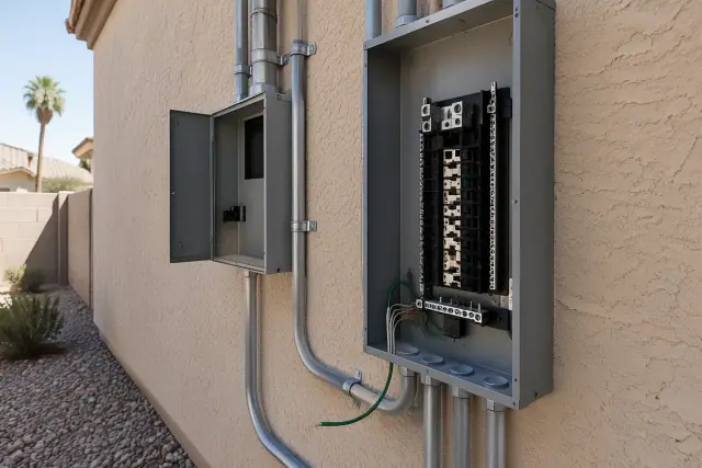 Electrical panel upgrade and new conduit installed on a stucco wall at a residential job in Avondale, AZ.