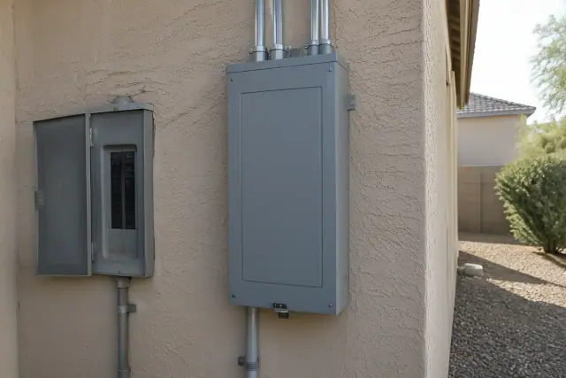 New gray electrical service panel and metal conduit on a stucco wall in Goodyear, AZ.