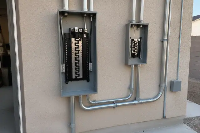 Electrical panel upgrade with conduit on a stucco wall in Gilbert, AZ.