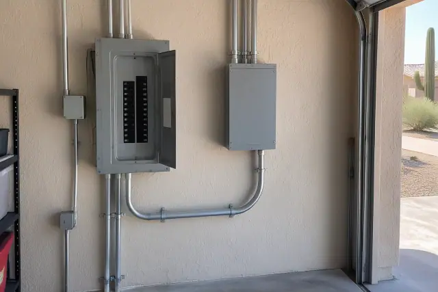 Electrical panel upgrade with a deactivated breaker box and new conduit on a stucco wall in Phoenix, AZ.