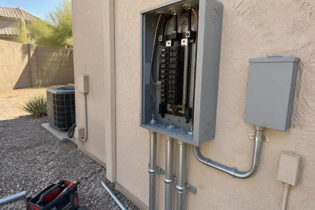 Electrical panel upgrade and circuit breaker replacement in progress on a stucco wall in Phoenix, AZ.