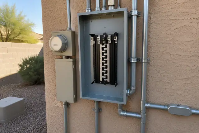 Open electrical breaker box and new conduit on a stucco wall in Glendale, AZ.
