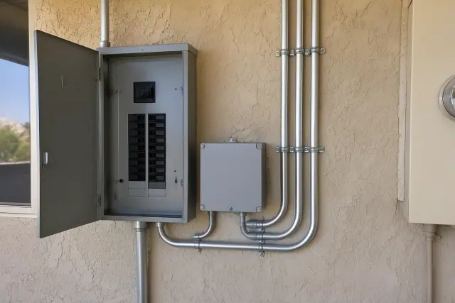 Electrical panel upgrade and new conduit assemblies on a wall in Mesa, AZ.